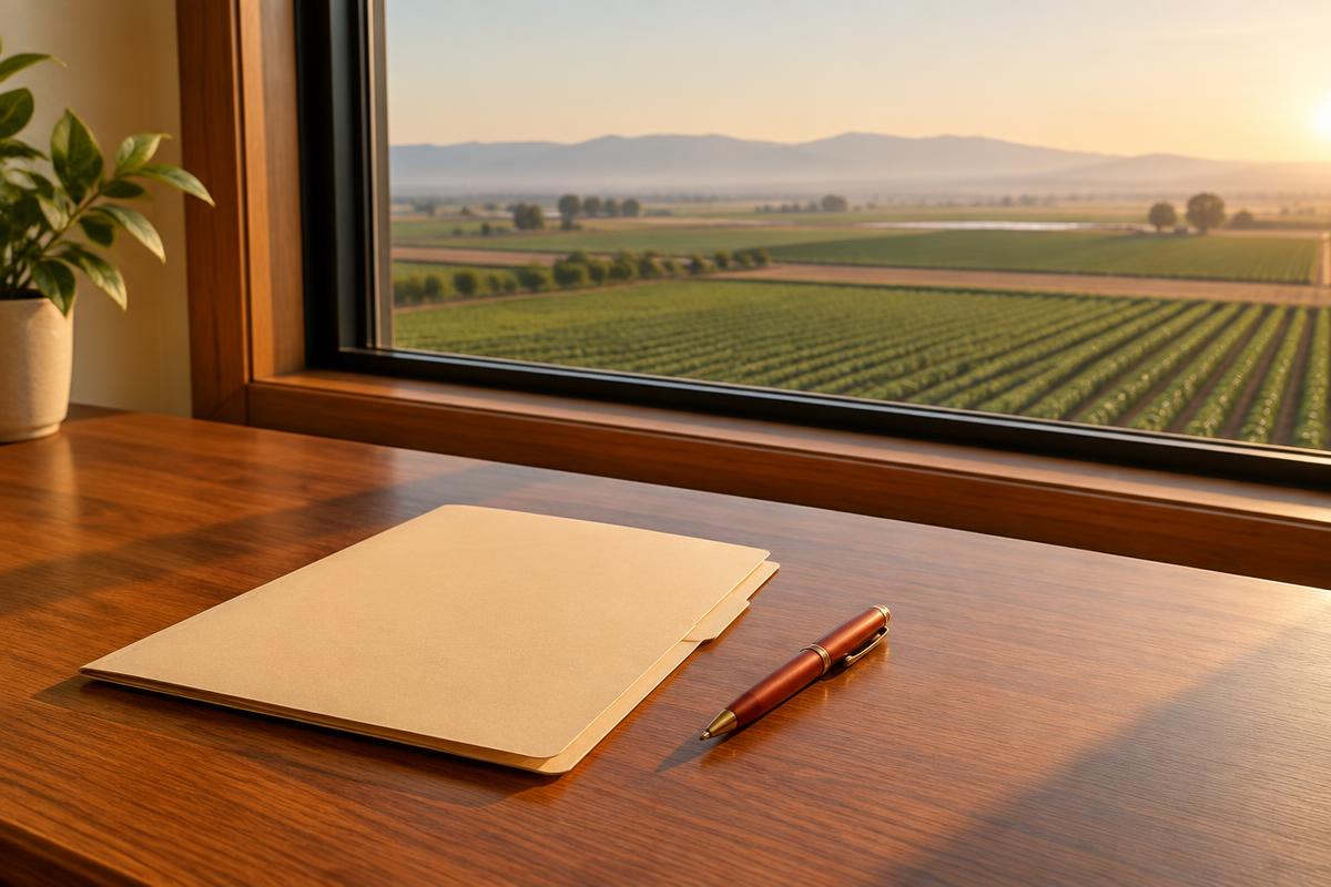 A single folder and pen on a clean wooden table by a window over valley farmland.