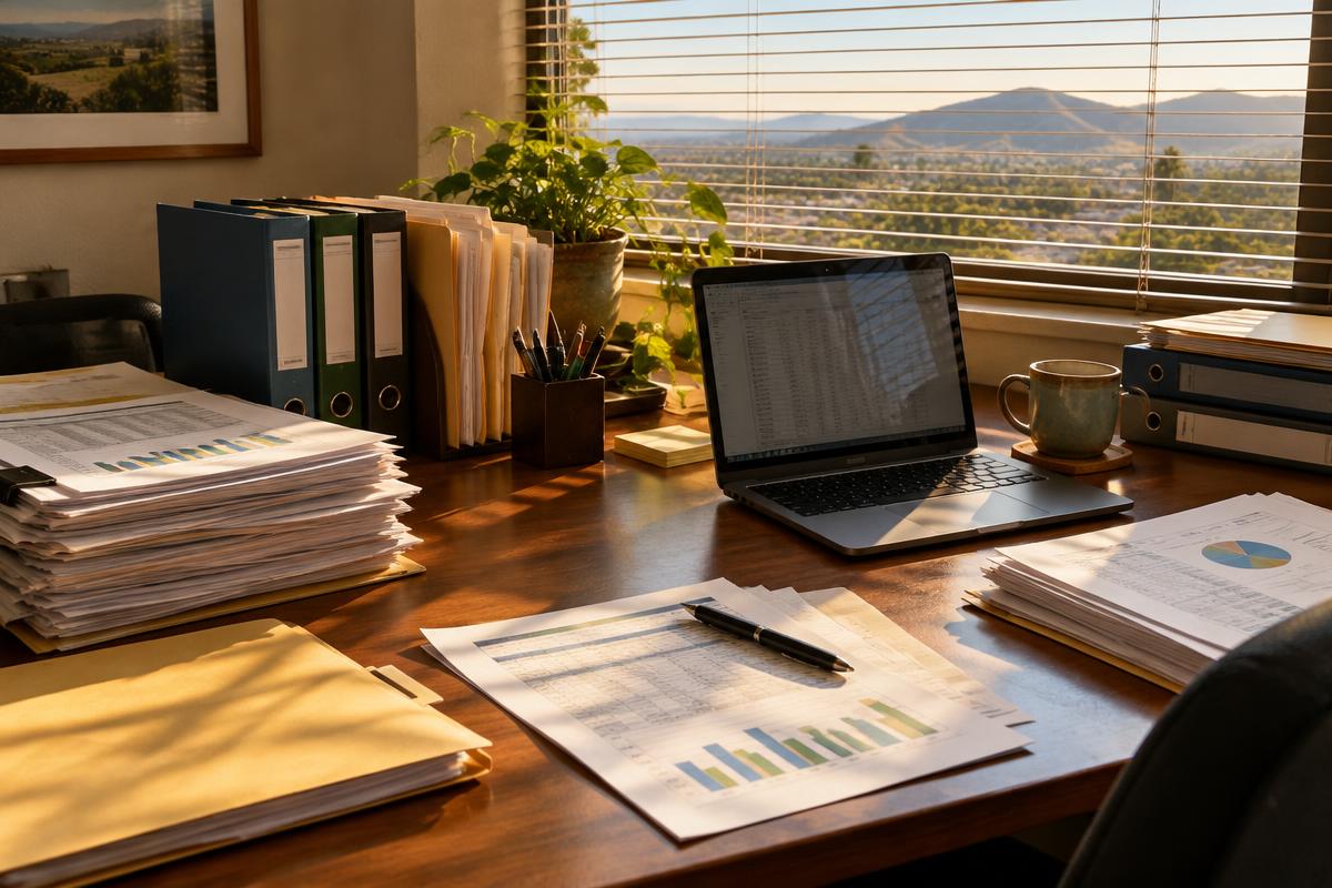 Office desk stacked with printed spreadsheets, binders and a laptop in afternoon light.
