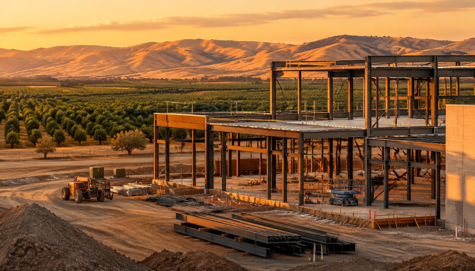 Steel framing of a new building at golden hour, orchard rows and golden hills behind.