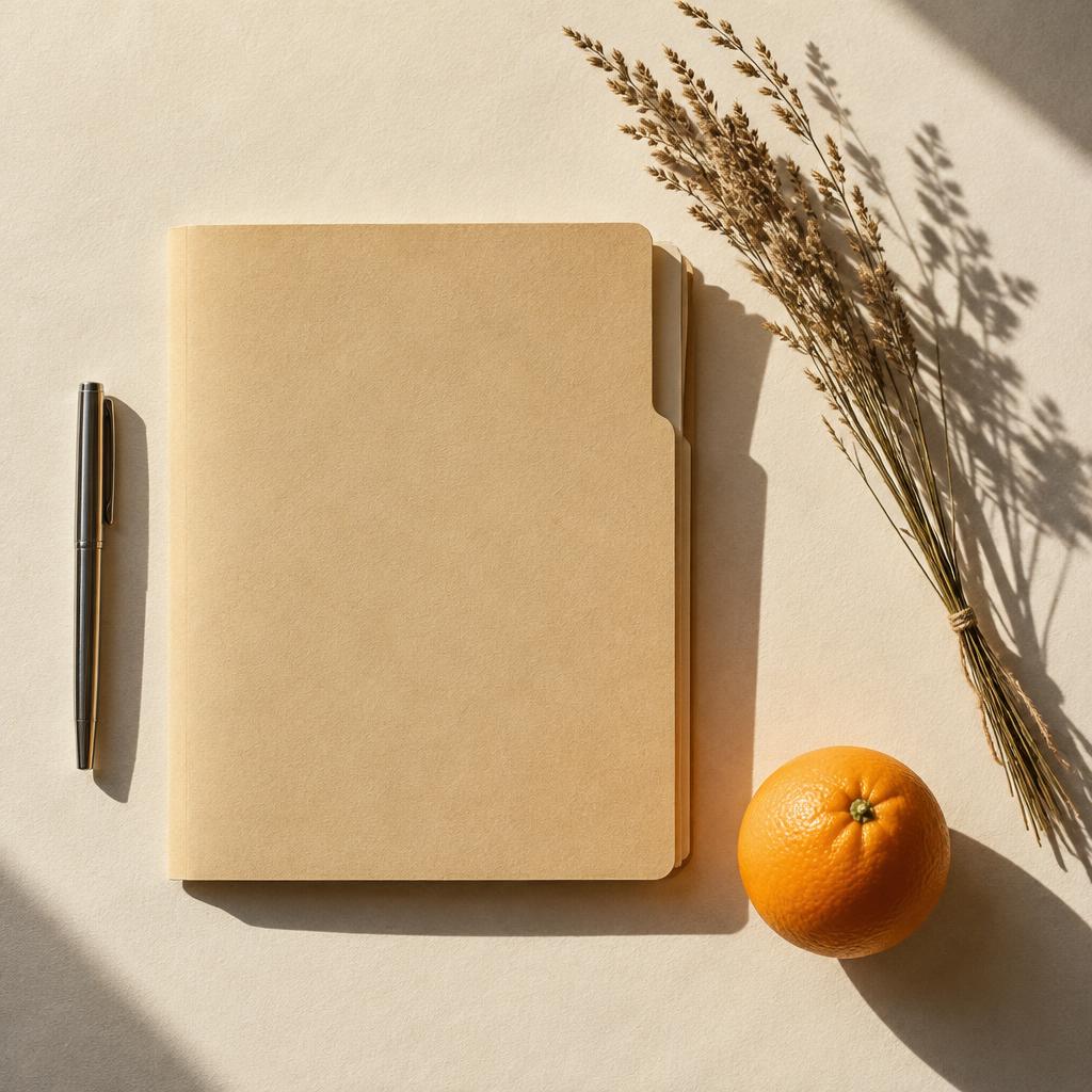 Folder, pen, dried valley grass and one orange on cream paper, raking light, crisp shadows.