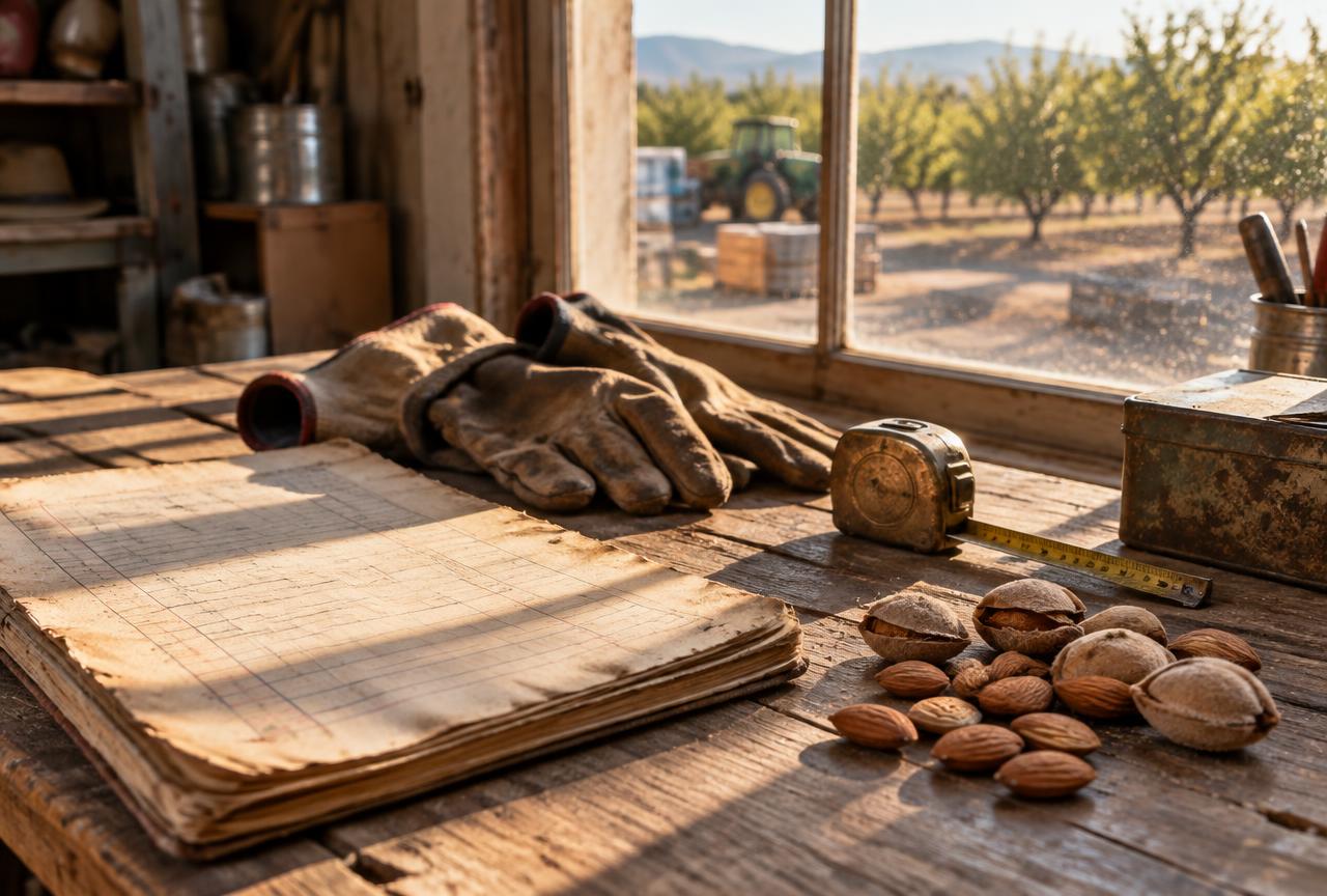 Farm workshop table with a worn ledger, work gloves and almonds, orchard visible through the window.